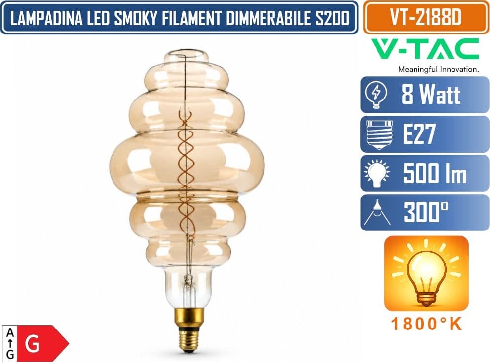 V-TAC VT-2188D LAMPADINA LED E27 8W S200 SMOKY FILAMENT DIMMERABILE VETRO AMBRATO OSCURATO - SKU 217465 - 2