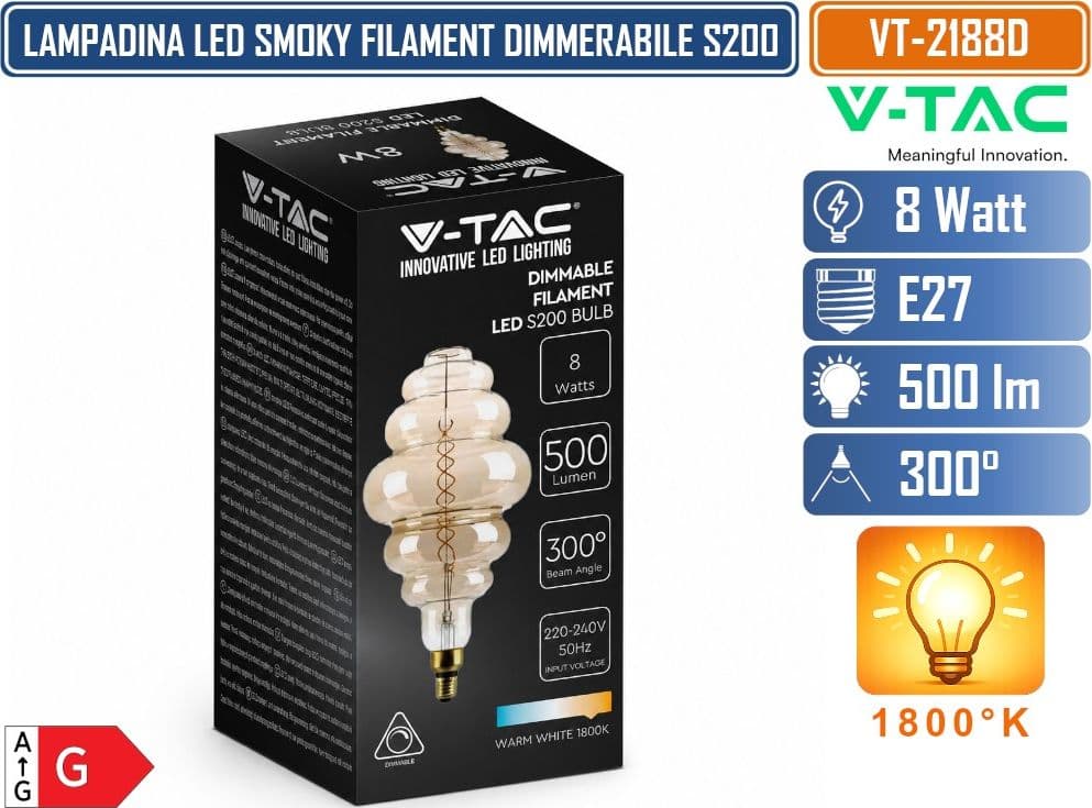 V-TAC VT-2188D LAMPADINA LED E27 8W S200 SMOKY FILAMENT DIMMERABILE VETRO AMBRATO OSCURATO - SKU 217465 - 3