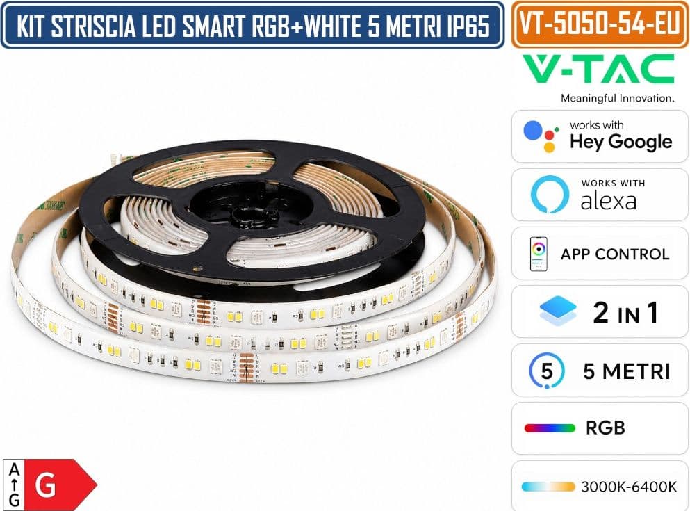 V-TAC KIT STRISCIA LED SMD5050 RGB+3IN1 5M 12V 4W/M 54 LED/M WIFI DIMMERABILE IP65 COMPATIBILE GOOGLE HOME E AMAZON ALEXA - 2