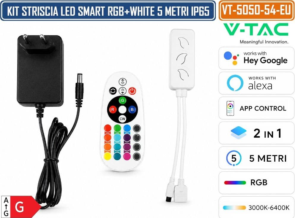 V-TAC KIT STRISCIA LED SMD5050 RGB+3IN1 5M 12V 4W/M 54 LED/M WIFI DIMMERABILE IP65 COMPATIBILE GOOGLE HOME E AMAZON ALEXA - 3