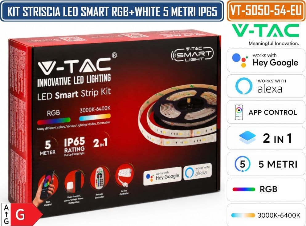 V-TAC KIT STRISCIA LED SMD5050 RGB+3IN1 5M 12V 4W/M 54 LED/M WIFI DIMMERABILE IP65 COMPATIBILE GOOGLE HOME E AMAZON ALEXA - 4