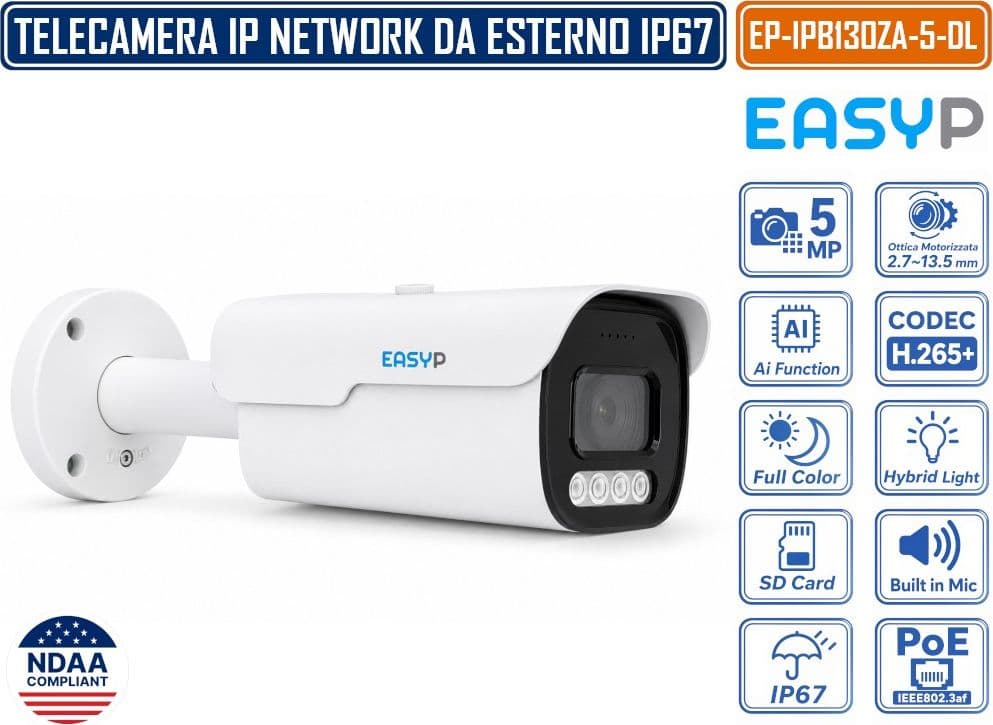 EASY-P EP-IPB130ZA-5-DL TELECAMERA BULLET IP 5MP INTELLIGENZA ARTIFICIALE OTTICA MOTORIZZATA DOPPIA ILLUMINAZIONE MICROFONO IP67 E POE