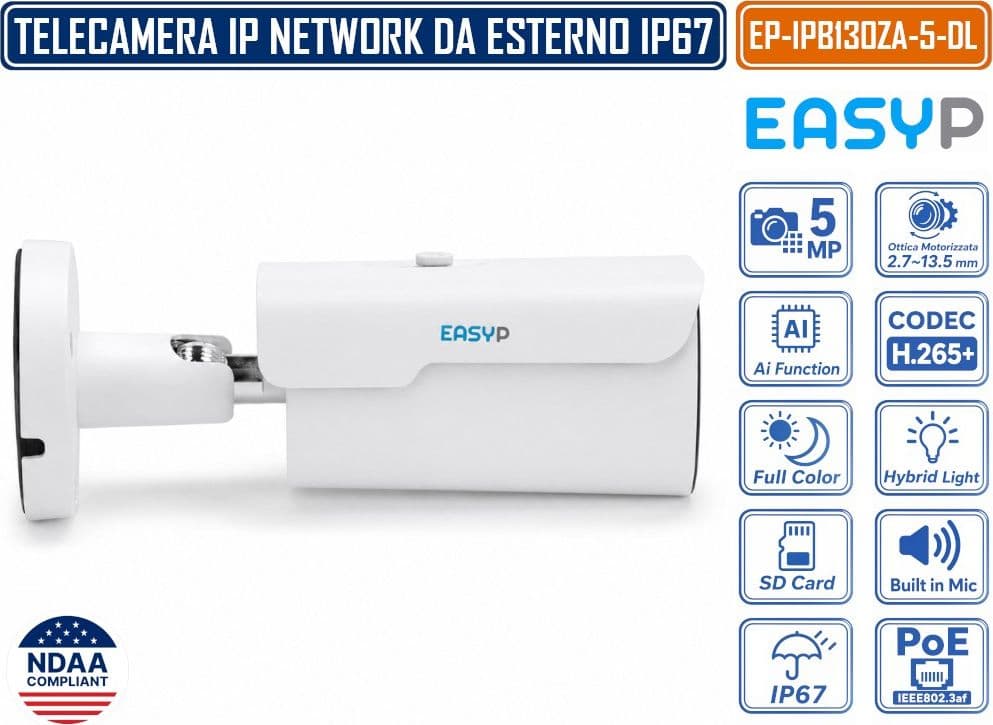 EASY-P EP-IPB130ZA-5-DL TELECAMERA BULLET IP 5MP INTELLIGENZA ARTIFICIALE OTTICA MOTORIZZATA DOPPIA ILLUMINAZIONE MICROFONO IP67 E POE - 2