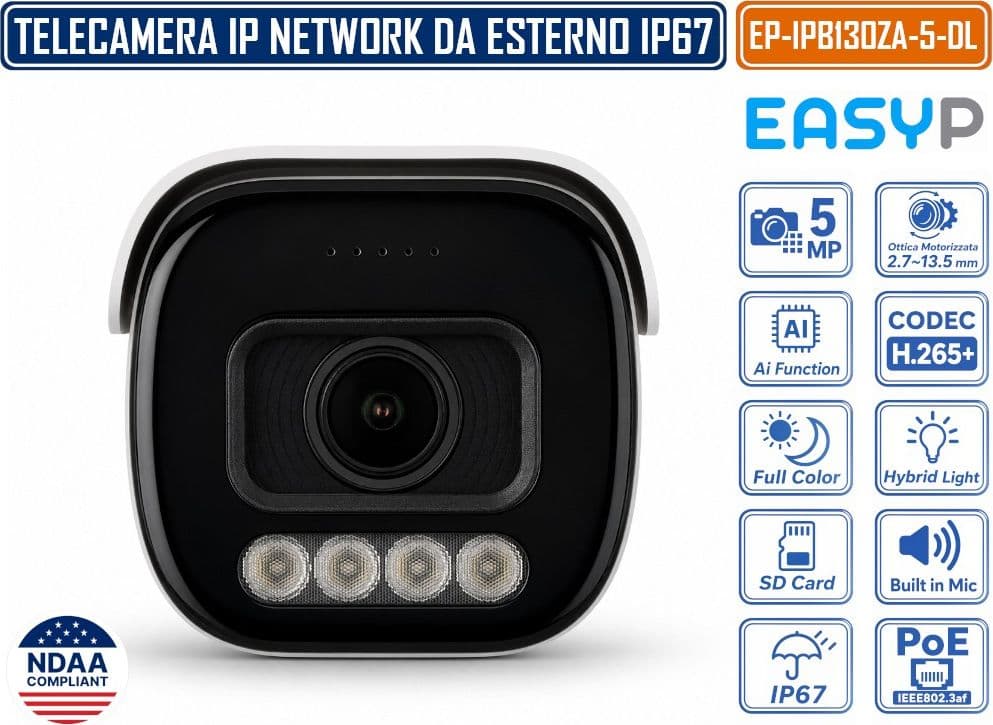 EASY-P EP-IPB130ZA-5-DL TELECAMERA BULLET IP 5MP INTELLIGENZA ARTIFICIALE OTTICA MOTORIZZATA DOPPIA ILLUMINAZIONE MICROFONO IP67 E POE - 3