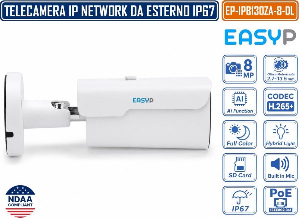 EASY-P EP-IPB130ZA-8-DL TELECAMERA BULLET IP 8MP INTELLIGENZA ARTIFICIALE OTTICA MOTORIZZATA DOPPIA ILLUMINAZIONE MICROFONO IP67 E POE - 2