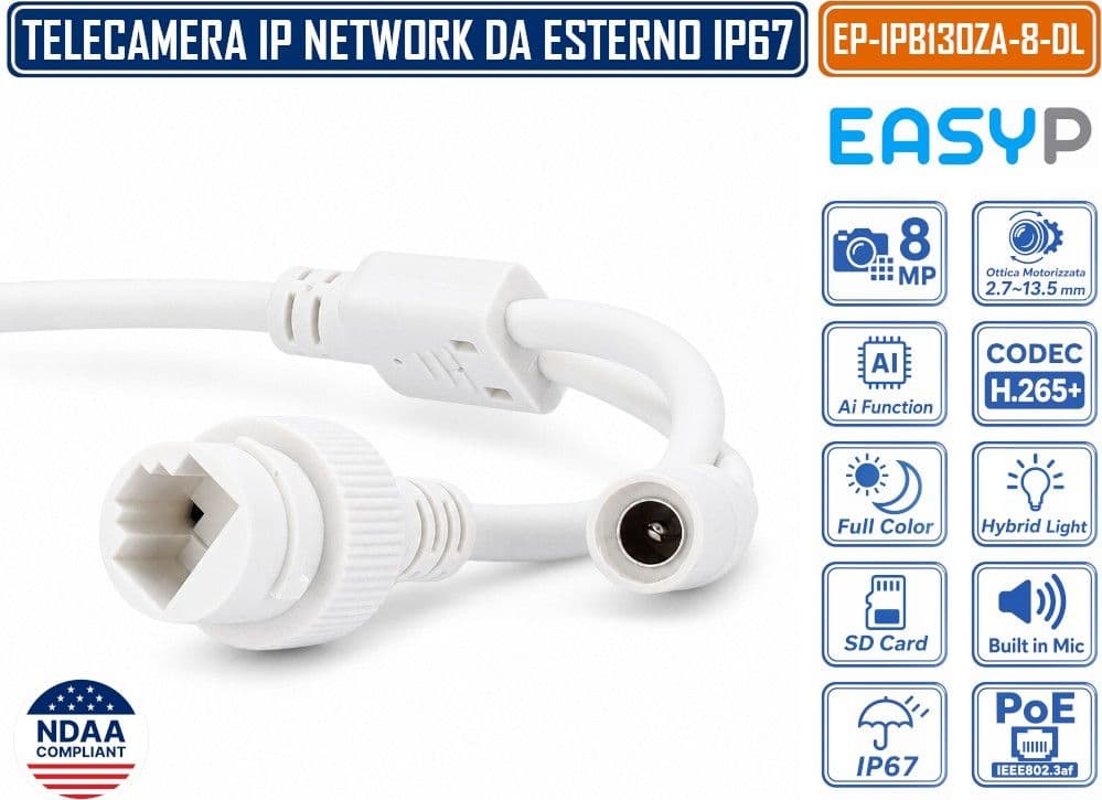 EASY-P EP-IPB130ZA-8-DL TELECAMERA BULLET IP 8MP INTELLIGENZA ARTIFICIALE OTTICA MOTORIZZATA DOPPIA ILLUMINAZIONE MICROFONO IP67 E POE - 4