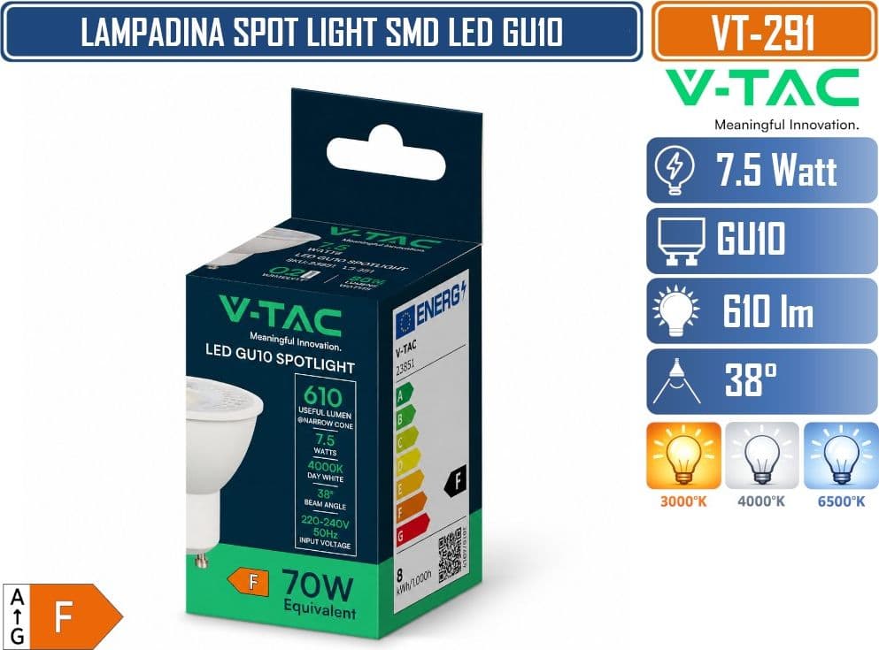 15 PEZZI V-TAC VT-291 LAMPADINA LED GU10 7.5W FARETTO PAR16 SMD 610 LUMENS 3000K 4000K 6500K - SKU 218751 / 23881 /218771 - 5