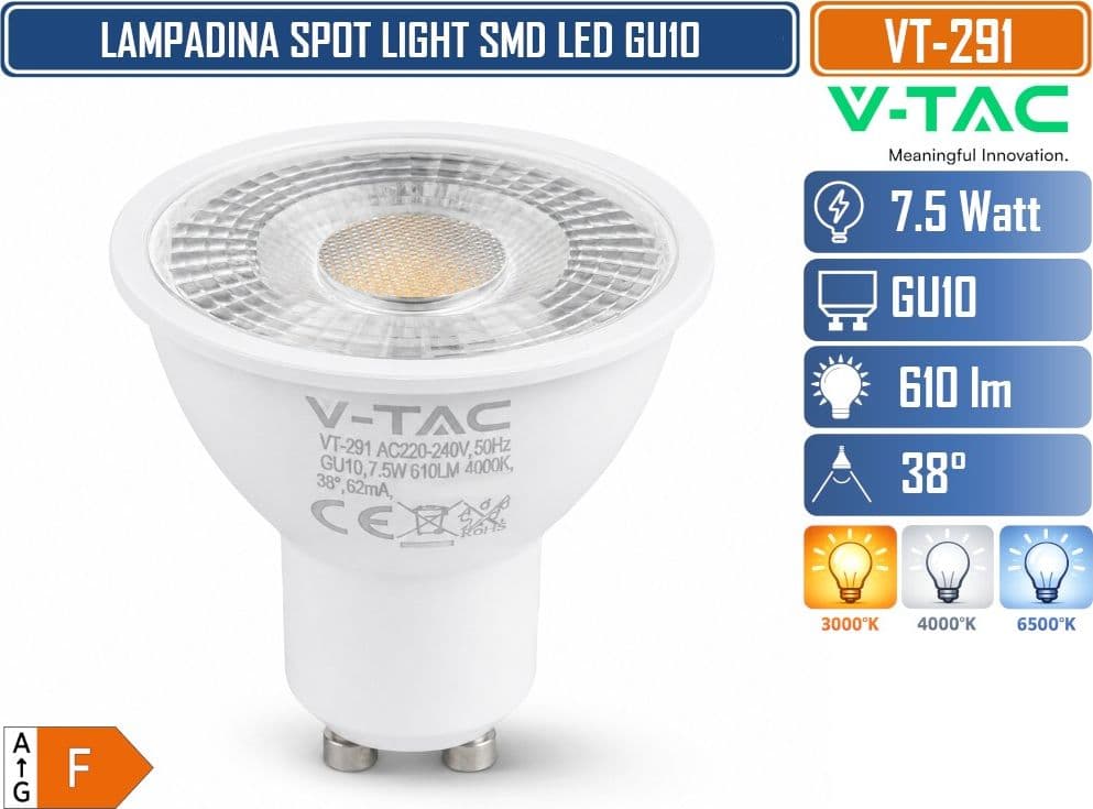 20 PEZZI V-TAC VT-291 LAMPADINA LED GU10 7.5W FARETTO PAR16 SMD 610 LUMENS 3000K 4000K 6500K - SKU 218751 / 23881 /218771 - 2