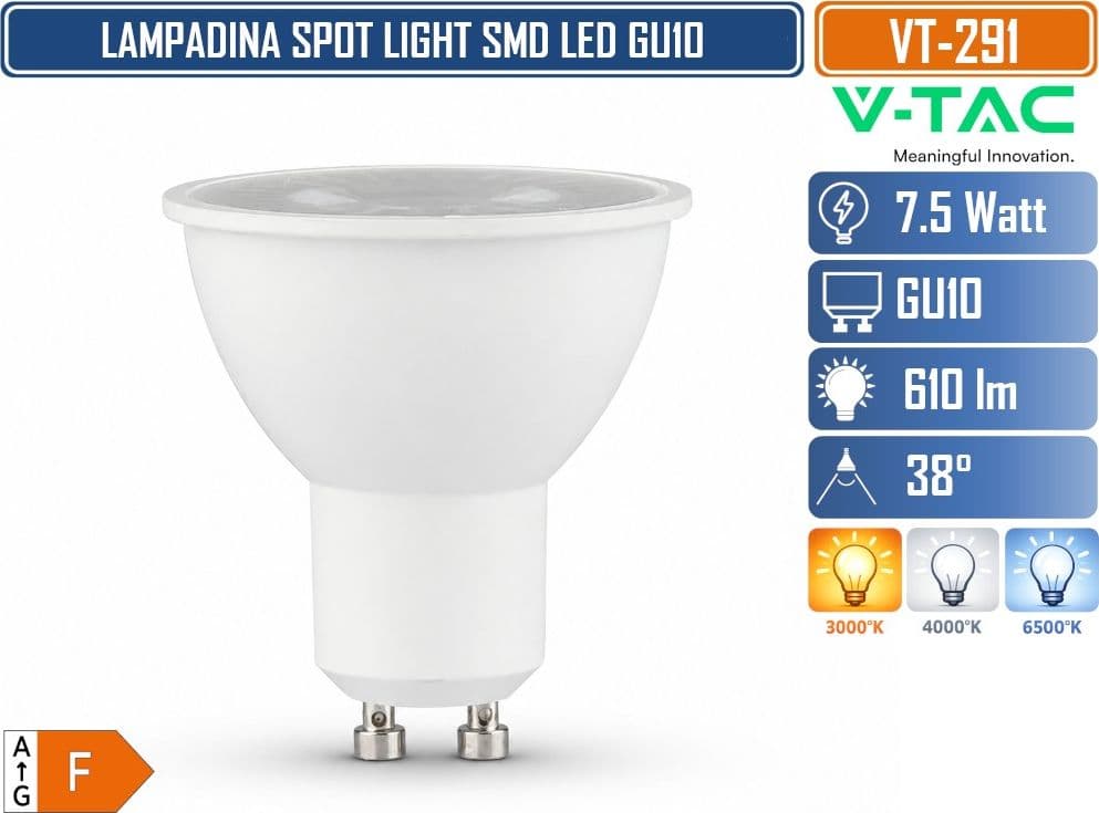 20 PEZZI V-TAC VT-291 LAMPADINA LED GU10 7.5W FARETTO PAR16 SMD 610 LUMENS 3000K 4000K 6500K - SKU 218751 / 23881 /218771 - 3