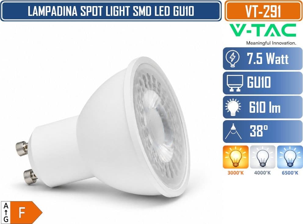 20 PEZZI V-TAC VT-291 LAMPADINA LED GU10 7.5W FARETTO PAR16 SMD 610 LUMENS 3000K 4000K 6500K - SKU 218751 / 23881 /218771 - 4