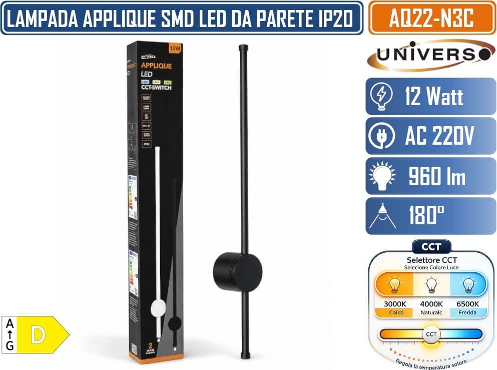 UNIVERSO AQ22-N3C APPLIQUE SMDLED CCT-SWITCH 12W DESIGN MODERNO CON TEMPERATURA COLORE SELEZIONABILE 3000K 4000K 6500K IP20 - 2