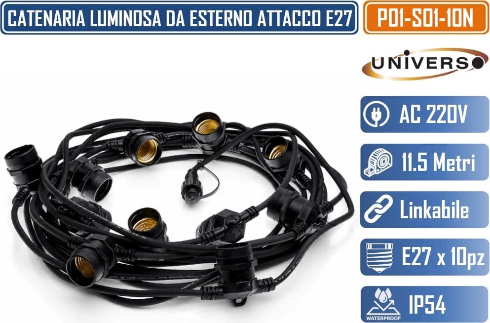 UNIVERSO P01-S01-10N CATENARIA DECORATIVA LINKABILE DA ESTERNO IP54 10 METRI PER 10 LAMPADINE LED CON ATTACCO E27 - 2