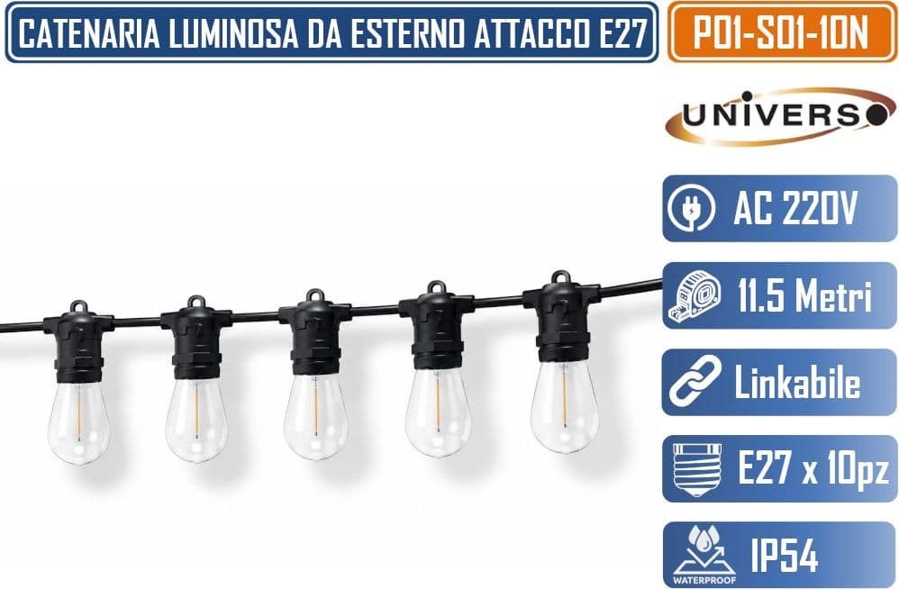 UNIVERSO P01-S01-10N CATENARIA DECORATIVA LINKABILE DA ESTERNO IP54 10 METRI PER 10 LAMPADINE LED CON ATTACCO E27 - 3