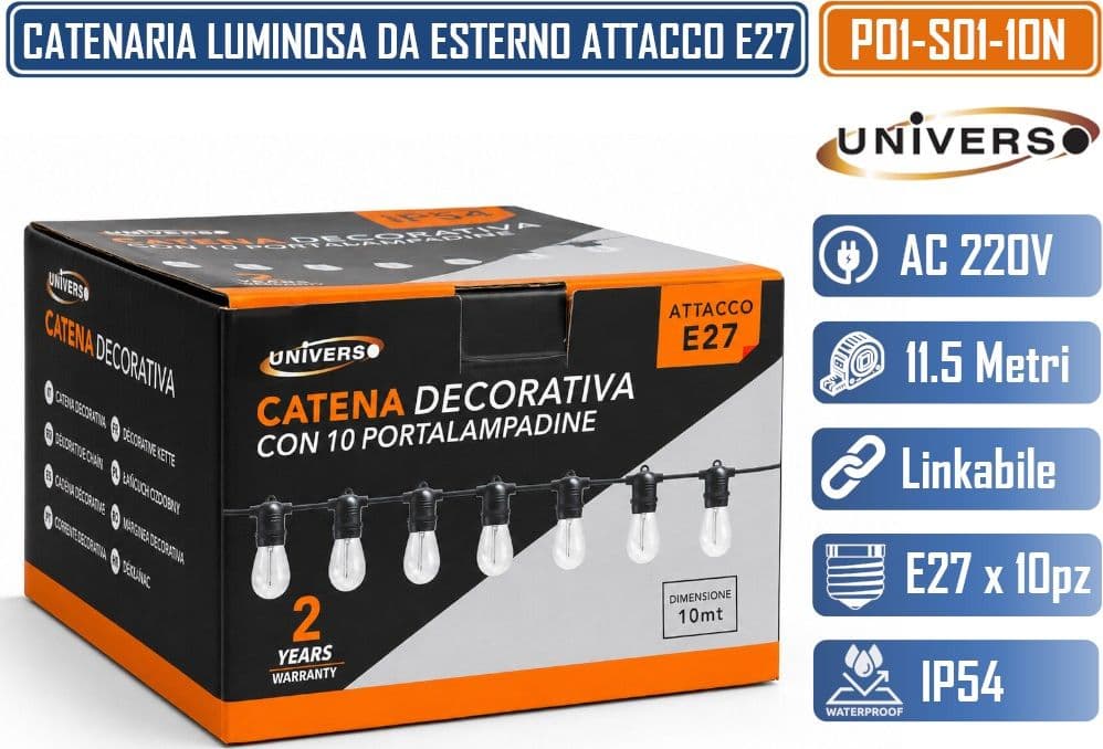UNIVERSO P01-S01-10N CATENARIA DECORATIVA LINKABILE DA ESTERNO IP54 10 METRI PER 10 LAMPADINE LED CON ATTACCO E27 - 4