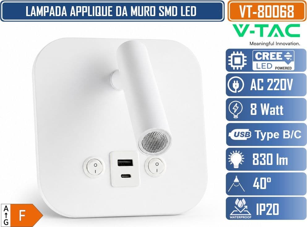 V-TAC VT-80068 LAMPADA LED DA MURO 8W SMD CHIP CREE COLORE BIANCO APPLIQUE CON FARETTO ORIENTABILE RICARICA VELOCE USB - SKU 240026 - 2