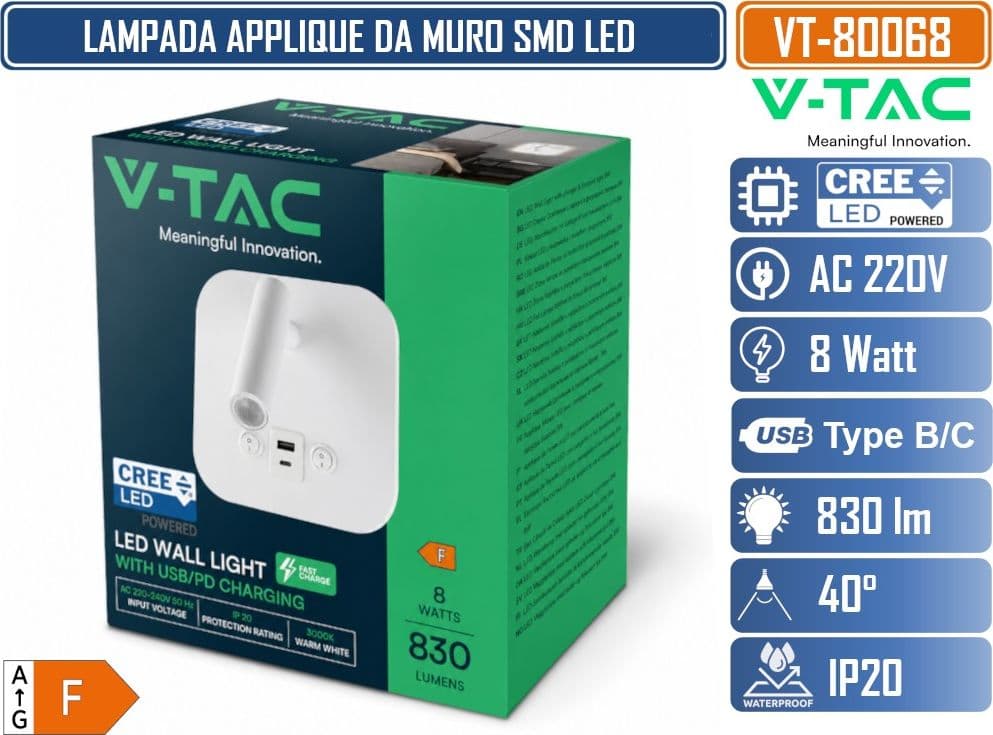 V-TAC VT-80068 LAMPADA LED DA MURO 8W SMD CHIP CREE COLORE BIANCO APPLIQUE CON FARETTO ORIENTABILE RICARICA VELOCE USB - SKU 240026 - 3