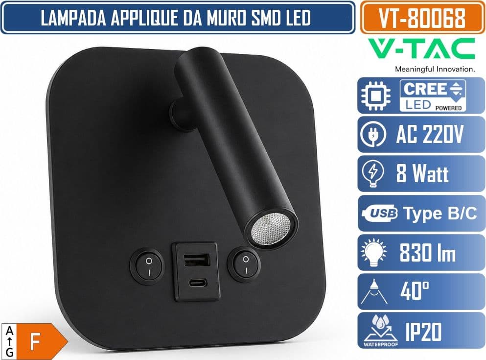 V-TAC VT-80068 LAMPADA LED DA MURO 8W SMD CHIP CREE COLORE NERO APPLIQUE CON FARETTO ORIENTABILE RICARICA VELOCE USB - SKU 240036 - 2