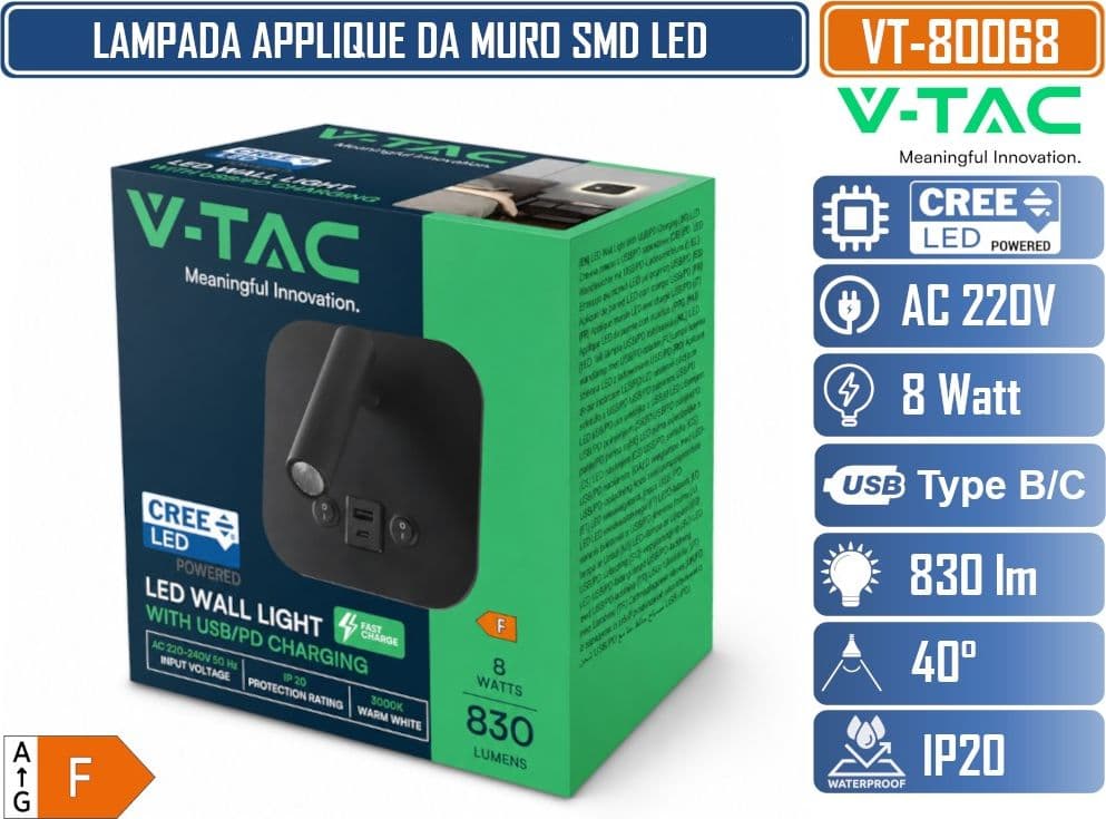 V-TAC VT-80068 LAMPADA LED DA MURO 8W SMD CHIP CREE COLORE NERO APPLIQUE CON FARETTO ORIENTABILE RICARICA VELOCE USB - SKU 240036 - 3