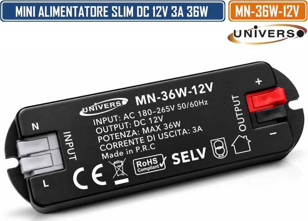 UNIVERSO MN-36W-12V MINI ALIMENTATORE SLIM DA INTERNO DC12V 3A 36W PROTEZIONE SOVRACCARICHI E CORTOCIRCUITI - 2