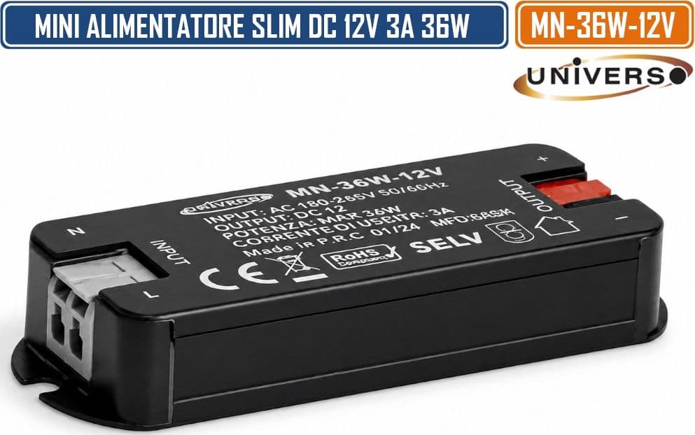 UNIVERSO MN-36W-12V MINI ALIMENTATORE SLIM DA INTERNO DC12V 3A 36W PROTEZIONE SOVRACCARICHI E CORTOCIRCUITI - 4