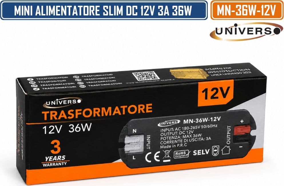 UNIVERSO MN-36W-12V MINI ALIMENTATORE SLIM DA INTERNO DC12V 3A 36W PROTEZIONE SOVRACCARICHI E CORTOCIRCUITI - 5