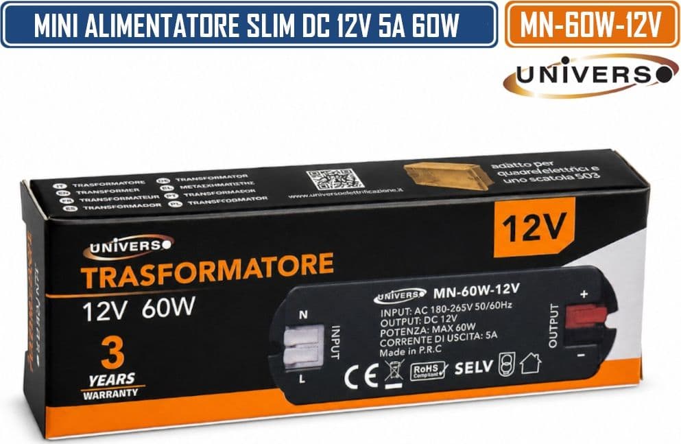 UNIVERSO MN-60W-12V MINI ALIMENTATORE SLIM DA INTERNO DC12V 5A 60W PROTEZIONE SOVRACCARICHI E CORTOCIRCUITI - 5