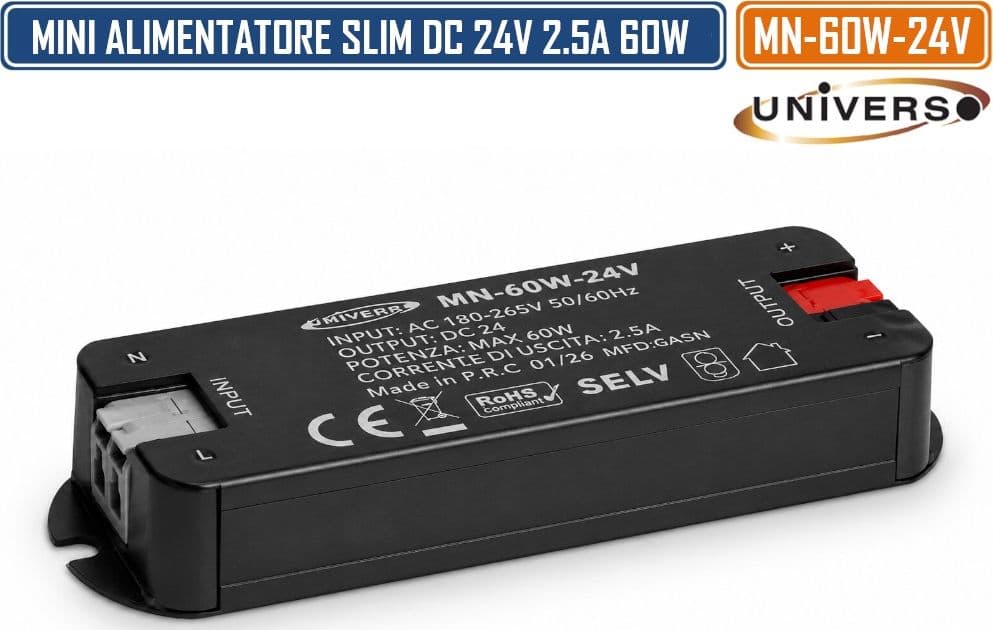 UNIVERSO MN-60W-24V MINI ALIMENTATORE SLIM DA INTERNO DC24V 2.5A 60W PROTEZIONE SOVRACCARICHI E CORTOCIRCUITI - 4