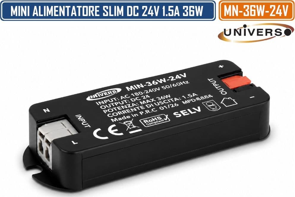UNIVERSO MN-36W-24V MINI ALIMENTATORE SLIM DA INTERNO DC24V 1.5A 36W PROTEZIONE SOVRACCARICHI E CORTOCIRCUITI - 4