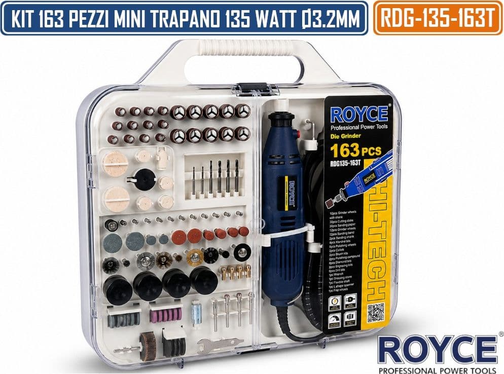 RDG-135-163T KIT MINI TRAPANO SMERIGLIATORE 163 PEZZI PER TAGLIO LEVIGATURA INCISIONE FORATURA