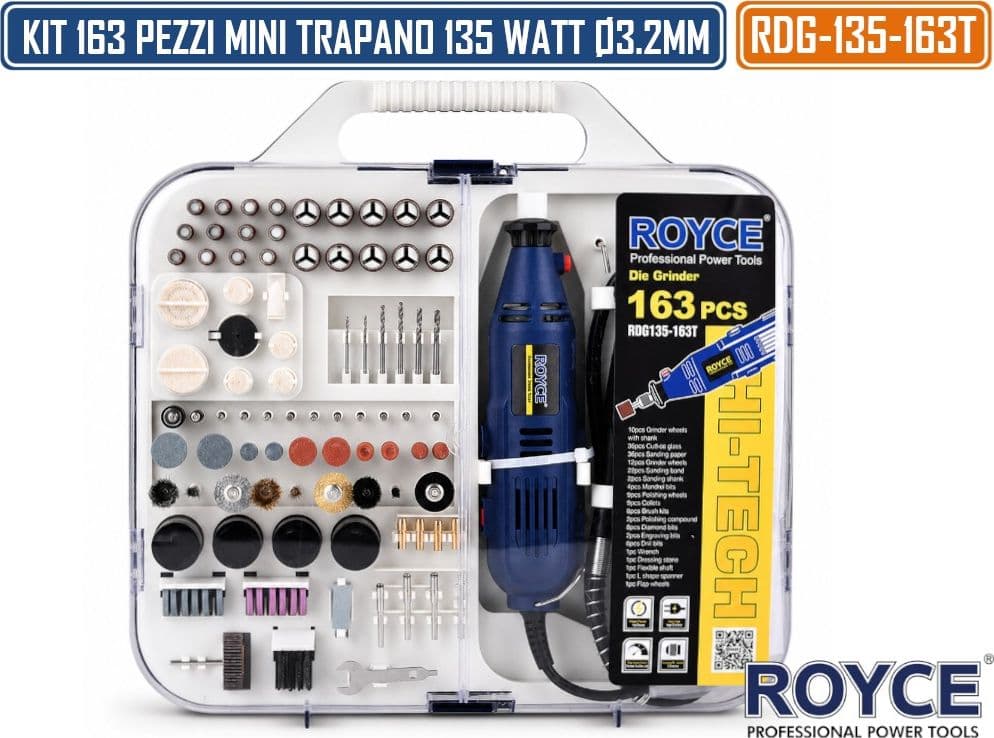 RDG-135-163T KIT MINI TRAPANO SMERIGLIATORE 163 PEZZI PER TAGLIO LEVIGATURA INCISIONE FORATURA - 2