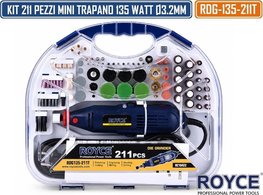 RDG-135-211T KIT MINI TRAPANO SMERIGLIATORE 211 PEZZI PER TAGLIO LEVIGATURA INCISIONE FORATURA - 2