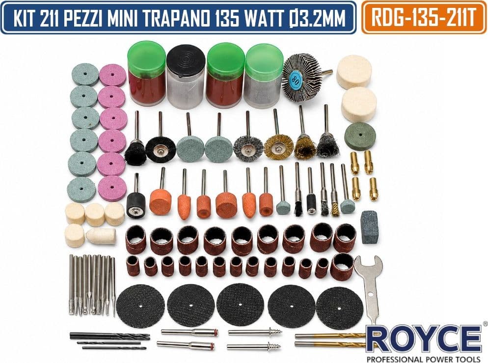 RDG-135-211T KIT MINI TRAPANO SMERIGLIATORE 211 PEZZI PER TAGLIO LEVIGATURA INCISIONE FORATURA - 5