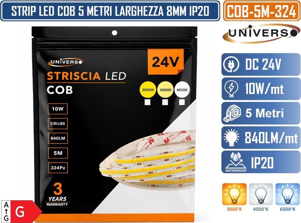 UNIVERSO COB-5M-324 STRISCIA LED COB 5M 24V 10W/MT 840LM/MT 324 LED/MT IP20 CRI≥80 TAGLIABILE OGNI 3,7CM LARGHEZZA 8MM DA INTERNO IP20 - 4