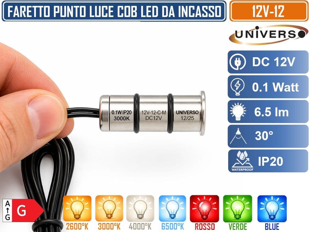 UNIVERSO 12V-12 MINI FARETTO SPOT LIGHT IN ALLUMINIO DA INCASSO 0.1W DC 12V DA IUNTERNO IP20 2600K 3000K 4000K 6500K ROSSO VERDE BLUE - 4