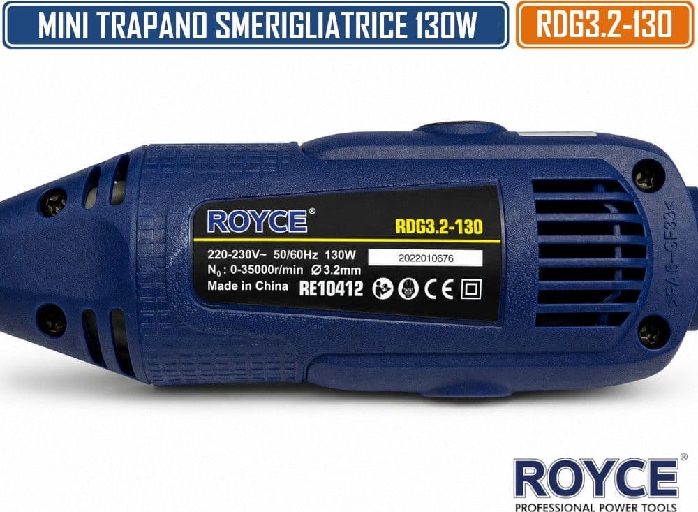 ROYCE RDG3.2-130 MINI TRAPANO ELETTRICO 130W MULTIFUNZIONE CON VELOCITÀ REGOLABILE 0-35000 RPM E MANDRINO Ø3,2 MM PER INCISIONE, SMERIGLIATURA, LUCIDATURA E RIFINITURA - 5