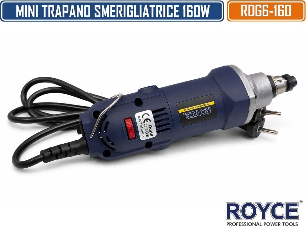 ROYCE RDG6-160 MINI TRAPANO ELETTRICO 160W MULTIFUNZIONE CON VELOCITÀ REGOLABILE 8000-30000 RPM E MANDRINO Ø0.8-6 MM PER INCISIONE, SMERIGLIATURA, LUCIDATURA E RIFINITURA - 2