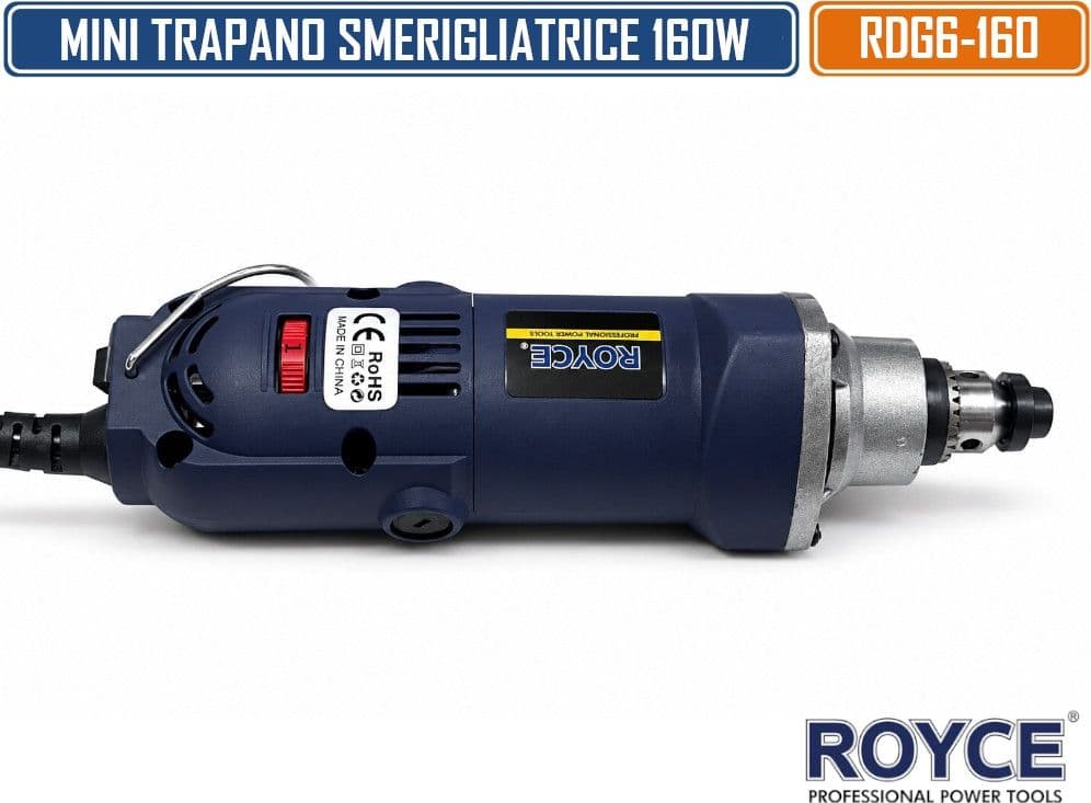ROYCE RDG6-160 MINI TRAPANO ELETTRICO 160W MULTIFUNZIONE CON VELOCITÀ REGOLABILE 8000-30000 RPM E MANDRINO Ø0.8-6 MM PER INCISIONE, SMERIGLIATURA, LUCIDATURA E RIFINITURA - 3