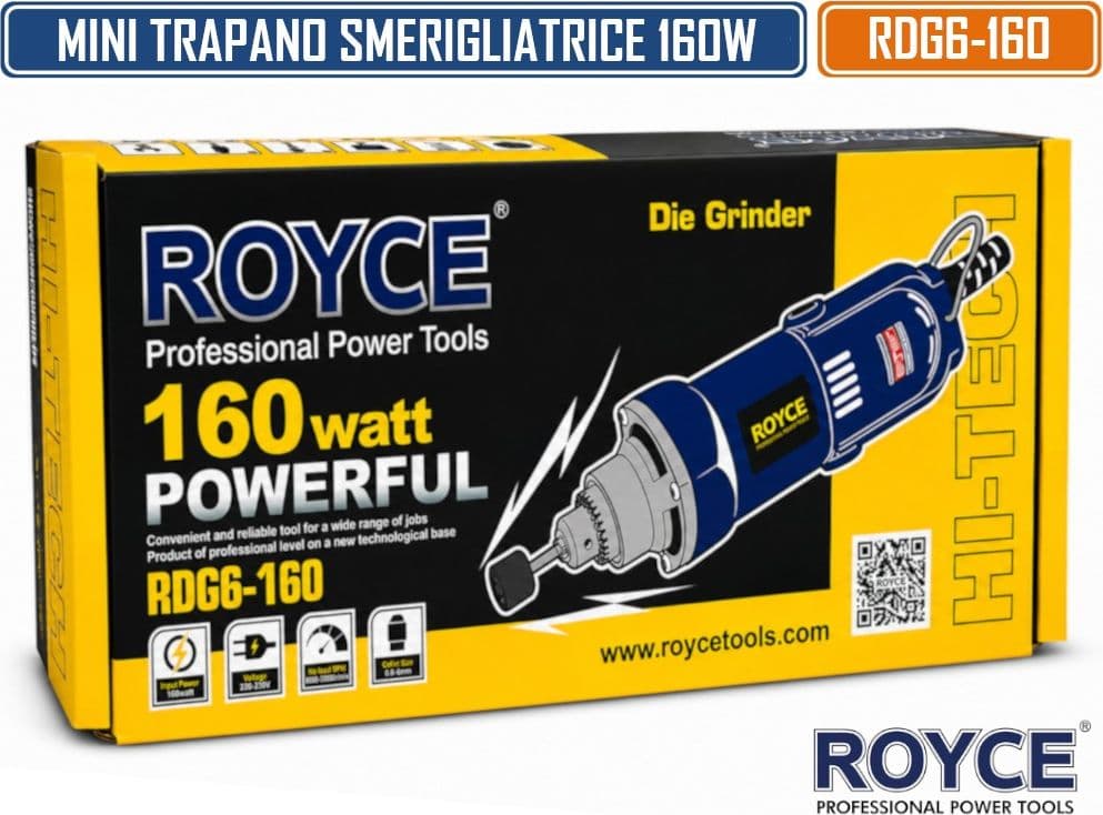 ROYCE RDG6-160 MINI TRAPANO ELETTRICO 160W MULTIFUNZIONE CON VELOCITÀ REGOLABILE 8000-30000 RPM E MANDRINO Ø0.8-6 MM PER INCISIONE, SMERIGLIATURA, LUCIDATURA E RIFINITURA - 5