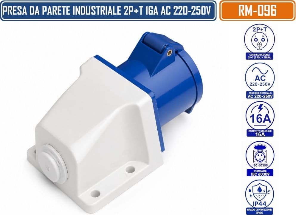 RAIMI RM-096 PRESA INDUSTRIALE DA PARETE 2P+T 16A  AC 220-250V IP44 BLU IEC 60309 - 5