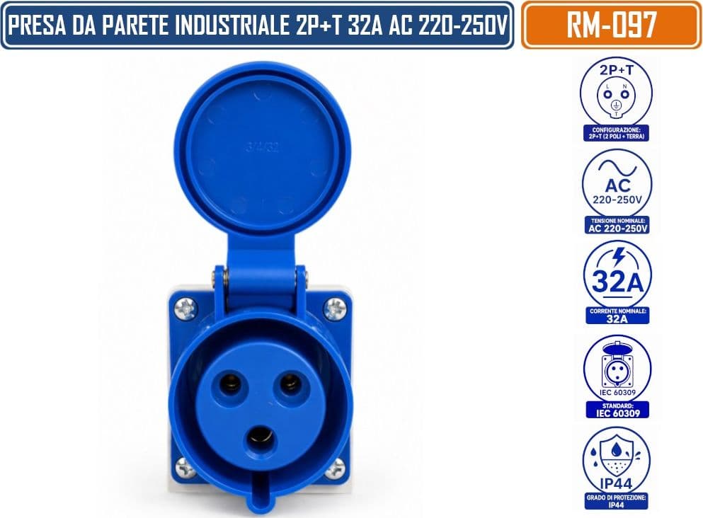 RAIMI RM-097 PRESA INDUSTRIALE DA PARETE 2P+T 32A AC 220-250V IP44 BLU IEC 60309 - 2