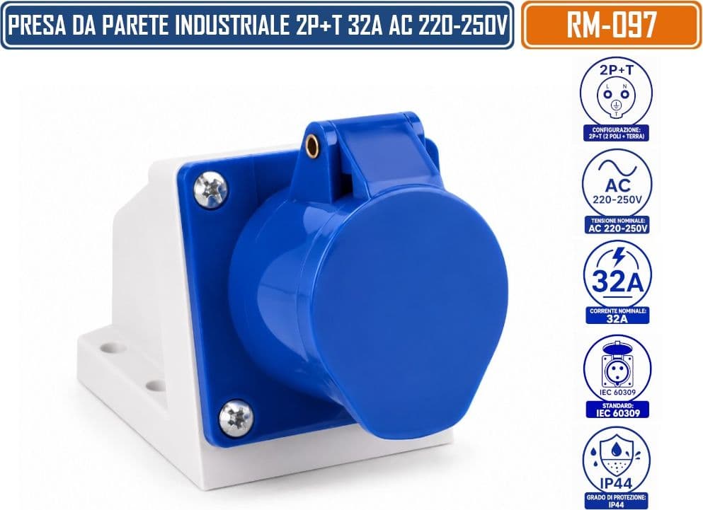 RAIMI RM-097 PRESA INDUSTRIALE DA PARETE 2P+T 32A AC 220-250V IP44 BLU IEC 60309 - 3