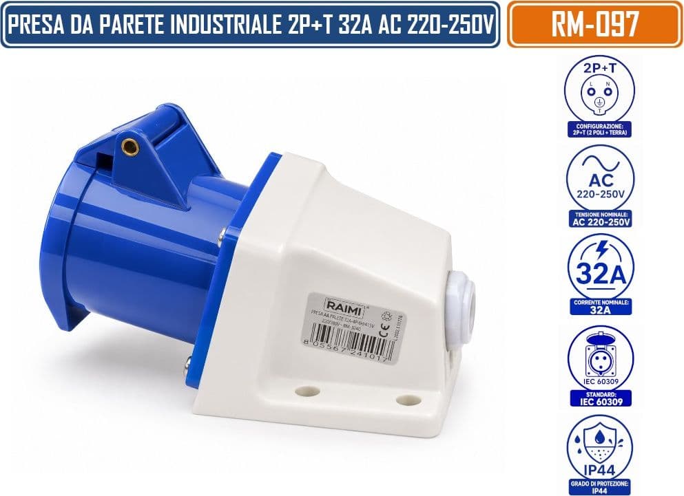 RAIMI RM-097 PRESA INDUSTRIALE DA PARETE 2P+T 32A AC 220-250V IP44 BLU IEC 60309 - 4