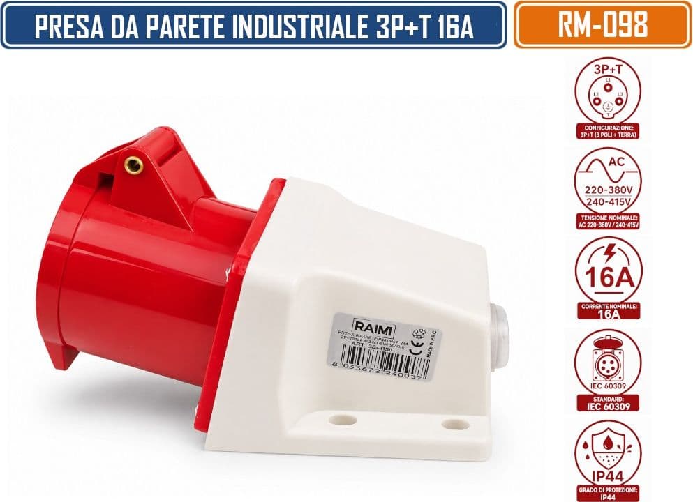 RAIMI RM-098 PRESA INDUSTRIALE DA PARETE 3P+T 16A 220-380V / 240-415V AC IP44 IEC 60309 - 4