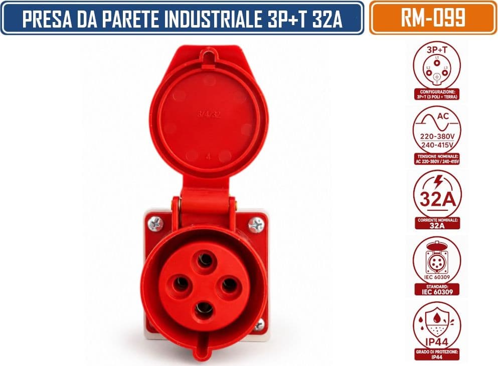 RAIMI RM-099 PRESA INDUSTRIALE DA PARETE 3P+T 32A 220-380V / 240-415V AC IP44 IEC 60309 - 2