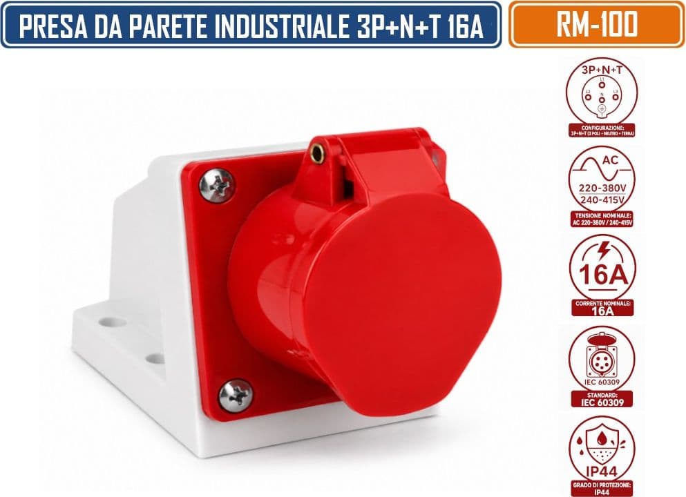 RAIMI RM-100 PRESA INDUSTRIALE DA PARETE 3P+N+T 16A AC 220-380V / 240-415V IP44 - 3