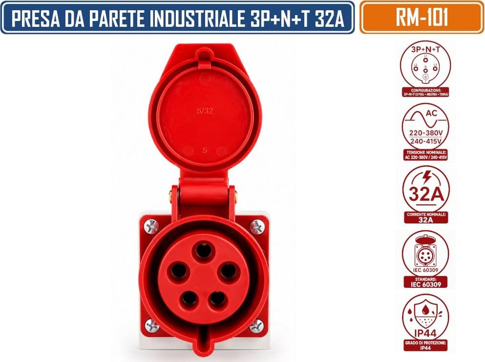 RAIMI RM-101 PRESA INDUSTRIALE DA PARETE 3P+N+T 32A AC 220-380V / 240-415V IP44 - 2