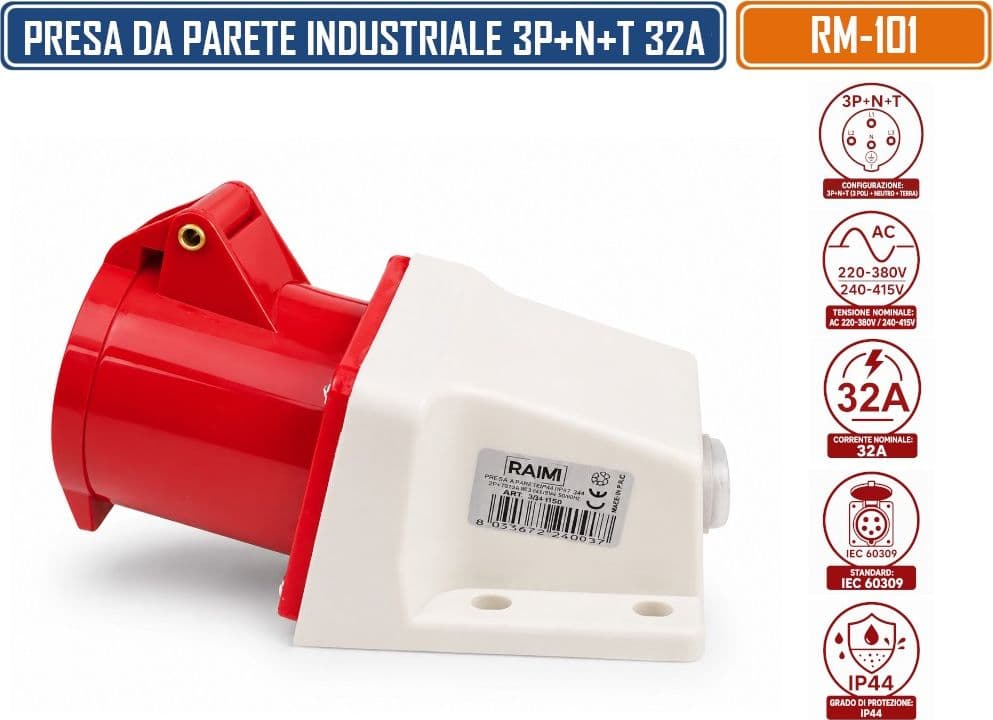 RAIMI RM-101 PRESA INDUSTRIALE DA PARETE 3P+N+T 32A AC 220-380V / 240-415V IP44 - 4
