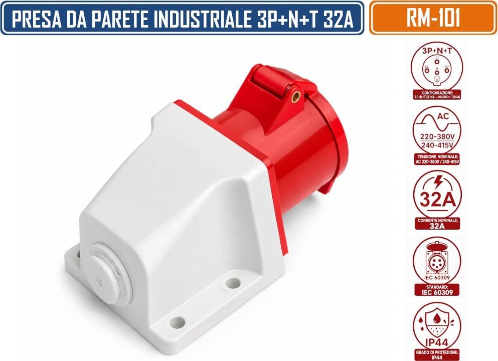 RAIMI RM-101 PRESA INDUSTRIALE DA PARETE 3P+N+T 32A AC 220-380V / 240-415V IP44 - 5