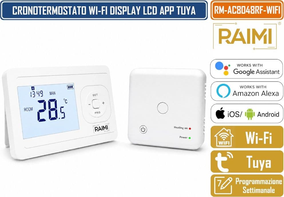 RAIMI AC8048RF-WIFI CRONOTERMOSTATO DIGITALE WIRELESS SMART PER CALDAIA CON DISPLAY LCD, PROGRAMMAZIONE SETTIMANALE 5+1+1 E CONTROLLO APP SMART LIFE TUYA