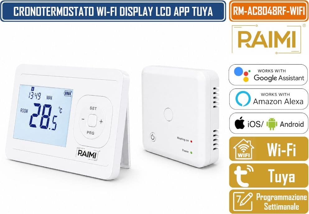 RAIMI AC8048RF-WIFI CRONOTERMOSTATO DIGITALE WIRELESS SMART PER CALDAIA CON DISPLAY LCD, PROGRAMMAZIONE SETTIMANALE 5+1+1 E CONTROLLO APP SMART LIFE TUYA - 2